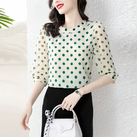 今年新款波点雪纺衬衫女2023夏季薄款七分袖气质小衫时尚印花上衣商品大图