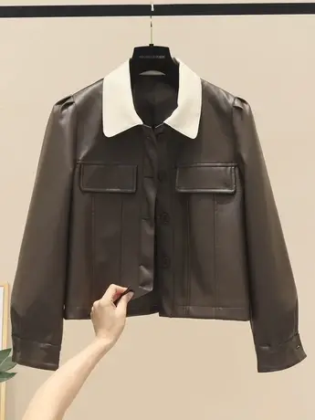 pu机车皮衣外套女春秋2023新款撞色翻领短款宽松长袖夹克酷潮ins商品大图