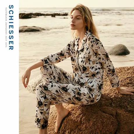 SCHIESSER舒雅25年春夏新品女士棉莫代尔翻领开衫睡衣家居服套装图片