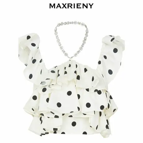 【奥莱】MAXRIENY花瓣造型波点挂脖雪纺衫一字肩上衣图片