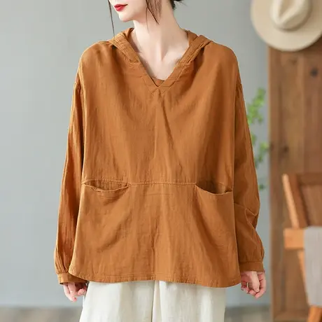 dza 复古纯色全棉短款连帽卫衣女士春秋宽松打底上衣休闲运动长袖图片