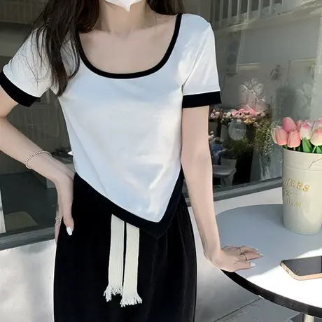 白色小众不规则别致T恤女短袖2023年夏季新款正肩短款上衣设计感图片