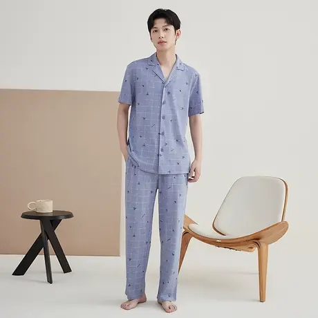 顶瓜瓜男睡衣夏季纯棉短袖长裤家居服男款翻领开衫宽松套装起居服商品大图