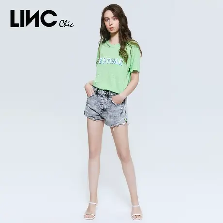 LINCCHIC金羽杰裤子复古直筒水洗纯棉牛仔短裤女2022105图片