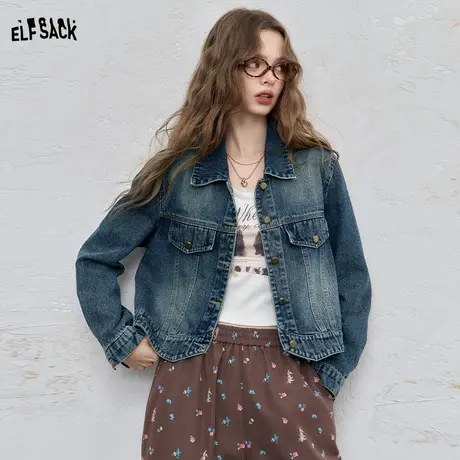 妖精的口袋复古蓝色短款牛仔外套女2025年秋季新款小个子休闲上衣商品大图