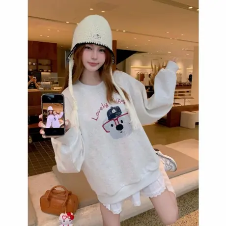 美式潮牌趣味小熊圆领卫衣女2025早秋薄款慵懒风休闲百搭长袖上衣商品大图