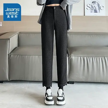 PG真维斯女装2025秋季新款 人字纹毛呢裤子小个子显瘦直筒九分裤商品大图
