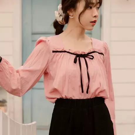 桔熊春秋法式复古荷叶蝴蝶结方领长袖上衣女装胖妹妹大码AB16296图片