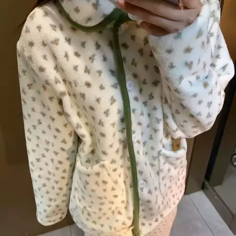 上新！韩系少女可爱雪粒绒长袖长裤睡衣女秋冬季加绒加厚家居服商品大图