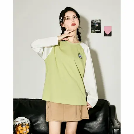 唐狮女长袖T恤春秋季新款圆领撞色拼接青春校园百搭内搭打底衫图片