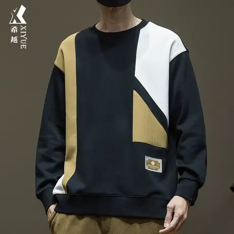 希越贴布拼接针织卫衣重磅男士秋季美式宽松加肥加大码内搭打底衫商品大图