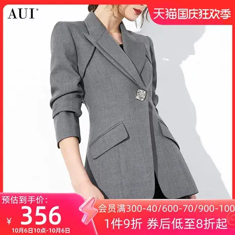 AUI灰色气质职业西装外套女2023秋冬新款设计感小众收腰长袖西服商品大图