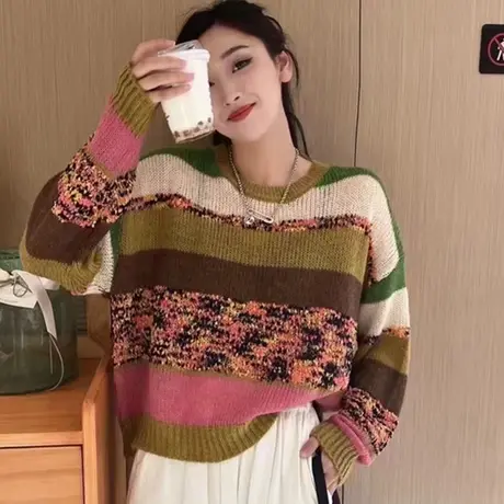 彩虹条纹毛衣针织衫秋冬新款2023女装慵懒复古风上衣女休闲打底衫商品大图
