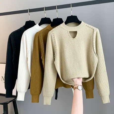 打底衫2023新款女秋冬加厚镂空钉珠毛衣气质高级感显瘦针织衫上衣商品大图