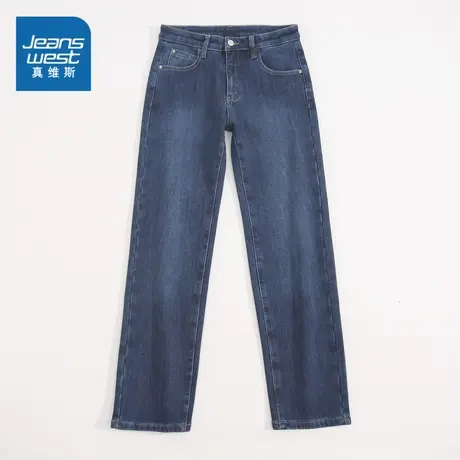 LY真维斯女装弹力牛仔裤冬季2023新款厚款保暖直筒裤子女生长裤商品大图