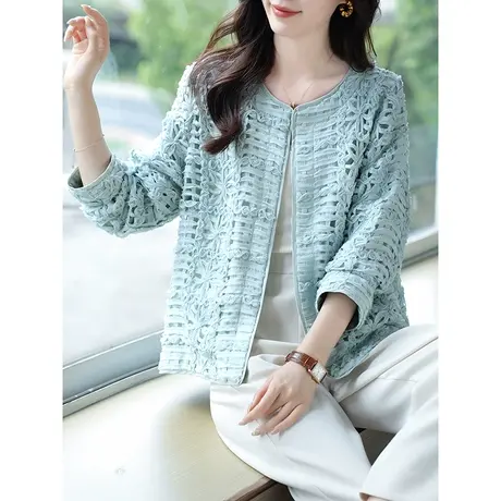 宝诗黎圆领蕾丝拼接九分袖外套2023春秋季新款设计感纯色小众上衣商品大图