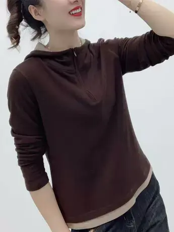 韩系连帽卫衣女秋冬复古慵懒风小个子叠穿休闲上衣假两件德绒帽衫图片