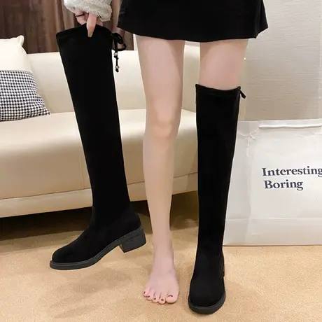高跟瘦瘦长靴女2023年秋冬新款高筒小个子过膝靴粗跟后系带瘦瘦靴商品大图