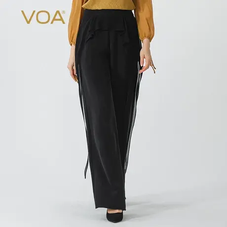 VOA墨黑重磅磨白真丝拼接乔其丝绸流苏活页自然腰真丝阔腿长裤商品大图