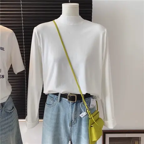 白色长袖T恤女德绒保暖打底衫韩版宽松显瘦洋气减龄半高领上衣服商品大图