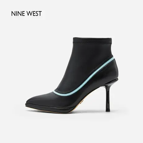 Nine West/玖熙机械感真皮撞色时装靴2023冬新款尖头细跟瘦瘦靴女图片