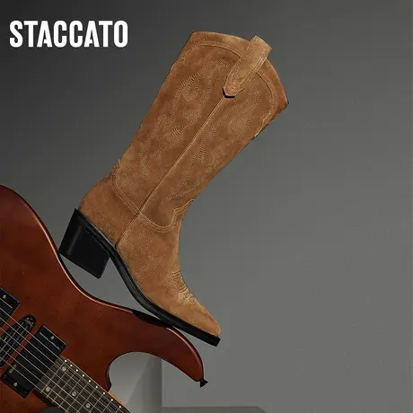 思加图冬季新款西部牛仔靴长筒靴高筒靴粗跟时装靴女S4028DG3商品大图