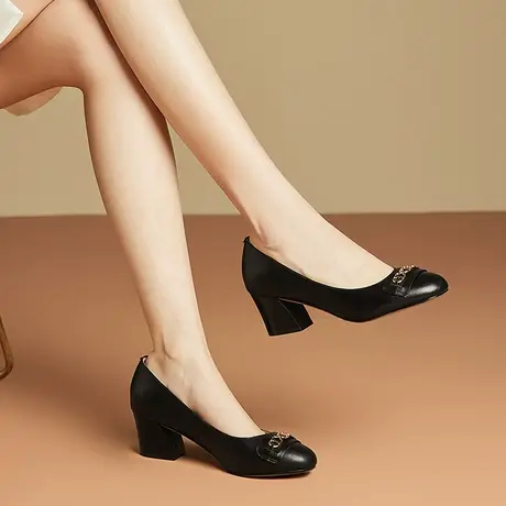 2024春夏新款单鞋女粗跟舒适百搭圆头显瘦装脚里外真皮高跟软皮鞋商品大图