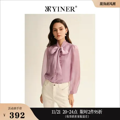 YINER音儿线上专选女装秋季泡泡袖上衣蝴蝶结雪纺衬衫商品大图