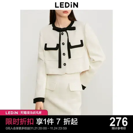 乐町知性优雅吸睛短外套23秋新款黑白撞色甜美蝴蝶结小香风外套图片