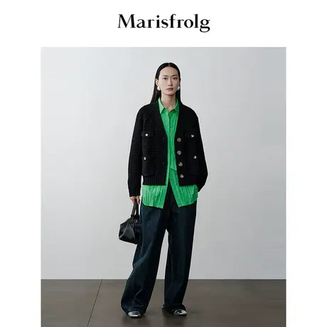 【商场同款】玛丝菲尔2023年冬季新款黑色V领时尚羊毛针织外套商品大图