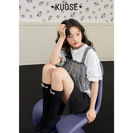 阔色假两件设计感T恤女2023夏季新款蕾丝碎花吊带泡泡袖上衣图片