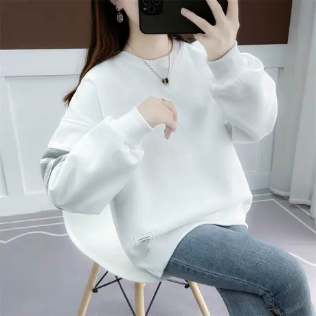 圆领白色卫衣女2023新款春秋韩版宽松休闲上衣外套小个子女装超火商品大图