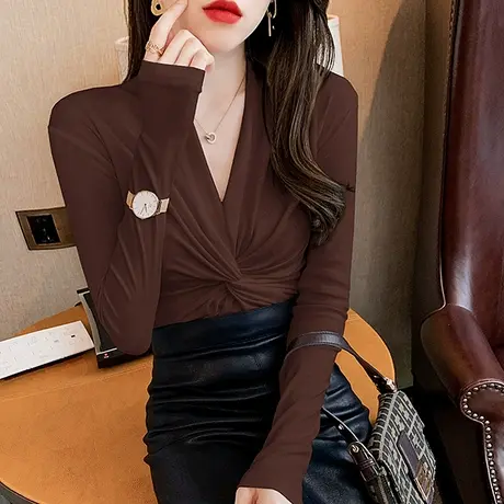 性感V领T恤女长袖内搭设计感扭结交叉上衣洋气百搭纯棉打底衫春秋商品大图