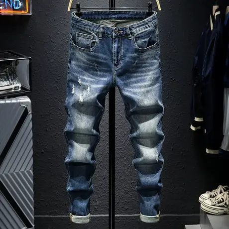 春夏款潮牌破洞牛仔裤男装直筒修身小脚裤子男士韩版潮流百搭高档商品大图