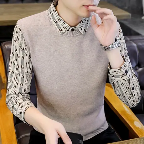 秋冬款男士长袖针织衫套头衬衫领内搭打底衫男背心搭配假两件毛衣商品大图