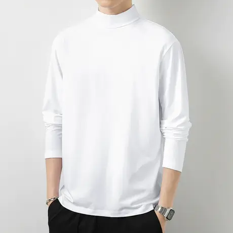 莫代尔长袖t恤男半高领秋季小衫潮流内搭中领打底衫纯色白色秋衣商品大图