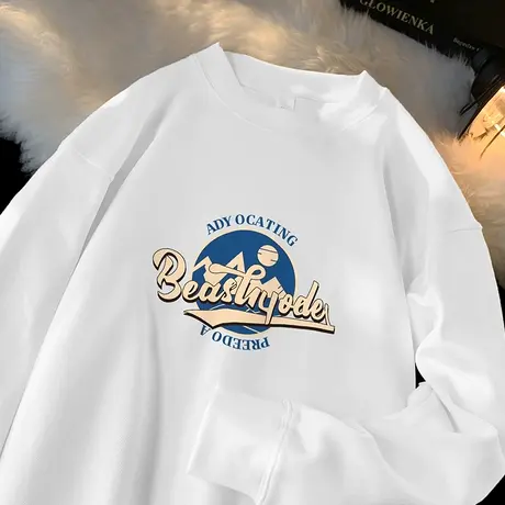 350g重磅男士卫衣2024新款圆领长袖t恤潮牌印花无帽衫白色上衣服商品大图