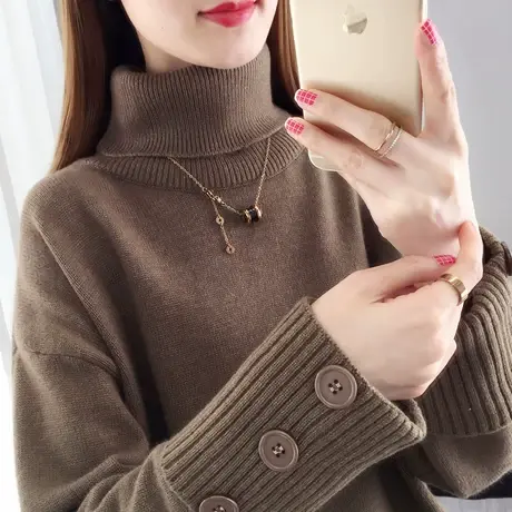 清仓！高领女士毛衣秋冬新款纽扣翻袖加厚打底衫宽松两翻领针织衫商品大图