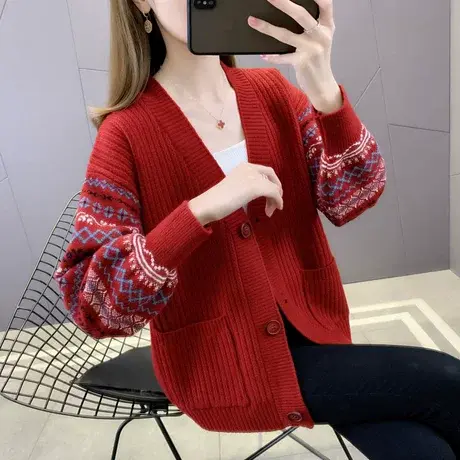 春装2024年新款韩版提花口袋针织开衫女春秋外搭宽松V领毛衣外套商品大图
