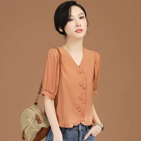 韩潮袭人法式V领拼接短袖衬衫2024夏新款高级感别致漂亮小衫衬衣图片