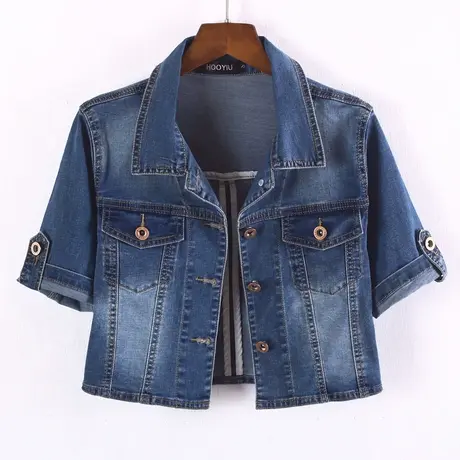 牛仔外套女春夏秋薄超短韩版新款修身防晒弹力短袖中袖外搭上衣服商品大图