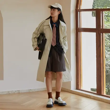 omont蛋挞家 复古垂感风衣外套女秋季新款中长款过膝气质收腰大衣商品大图