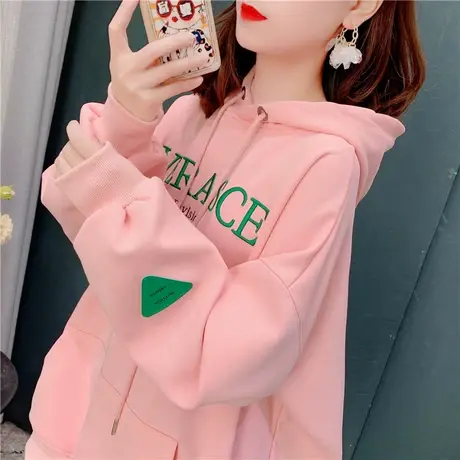 中长款连帽卫衣女春秋薄款简约字母宽松慵懒风百搭外套上衣ins潮商品大图