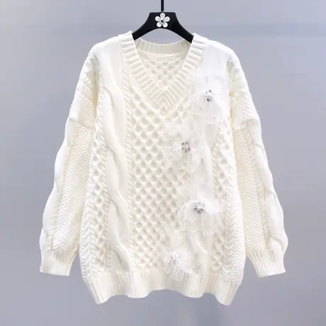 钉珠镶钻立体小花毛衣女秋冬2023新款宽松慵懒风洋气减龄针织衫图片