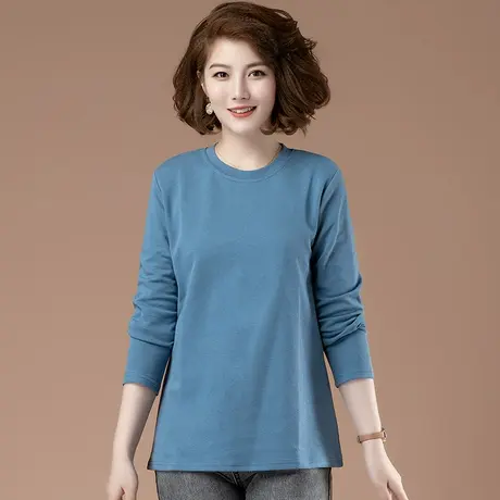 春秋季加肥加大码女装上衣宽松长袖T恤女圆领纯色遮肚显瘦打底衫商品大图