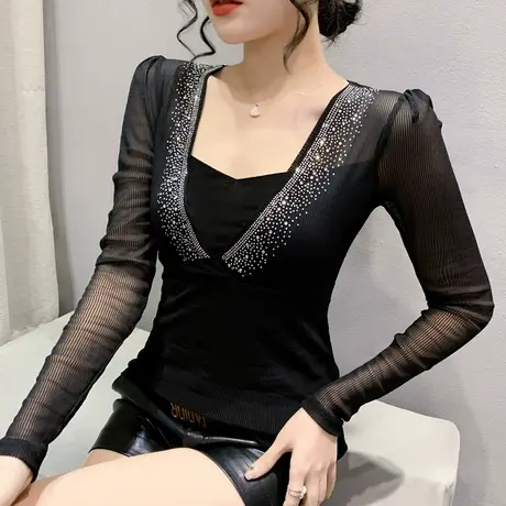 2024秋装新款性感网纱打底衫女长袖名媛气质上衣时尚紧身烫钻T恤图片