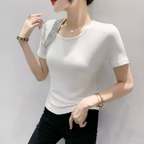 设计感小众T恤女短袖夏季时尚气质斜领上衣修身百搭小衫别致体恤商品大图