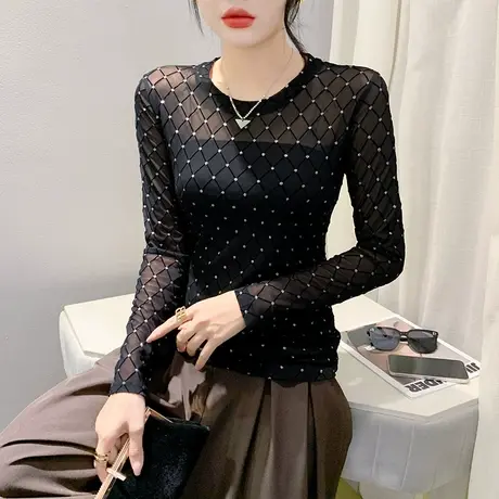 性感网纱T恤女长袖钉珠烫钻秋季上衣ins设计感修身透气百搭打底衫商品大图