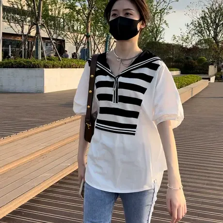 假两件海军领衬衫女夏季2023新款条纹拼接宽松中长款大码短袖上衣商品大图
