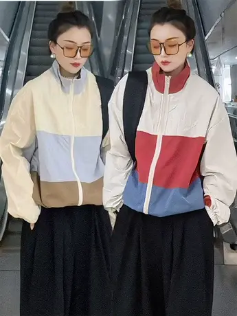 港风拼接撞色立领夹克外套女2023春秋新款薄款防风防晒开衫上衣潮商品大图